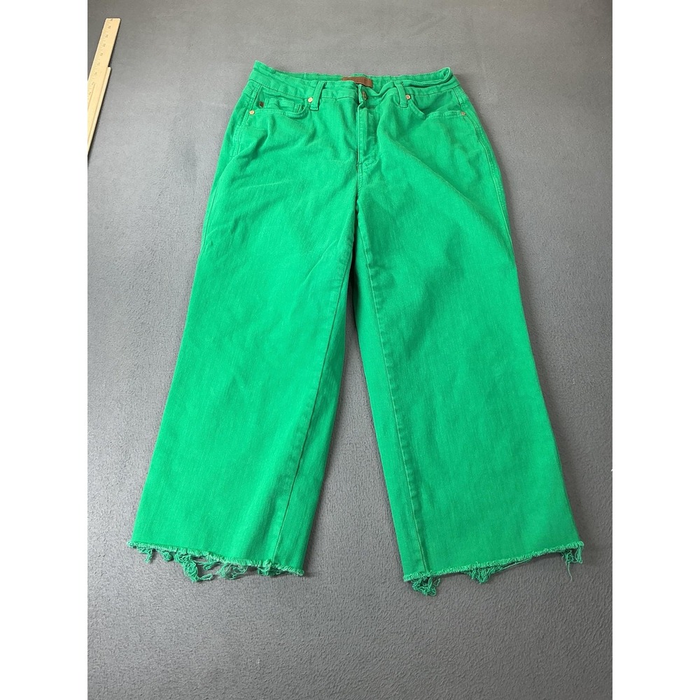 Judy Blue Jeans Womens 14W Green Wide Leg Relaxed Stretch Denim Frayed Hem